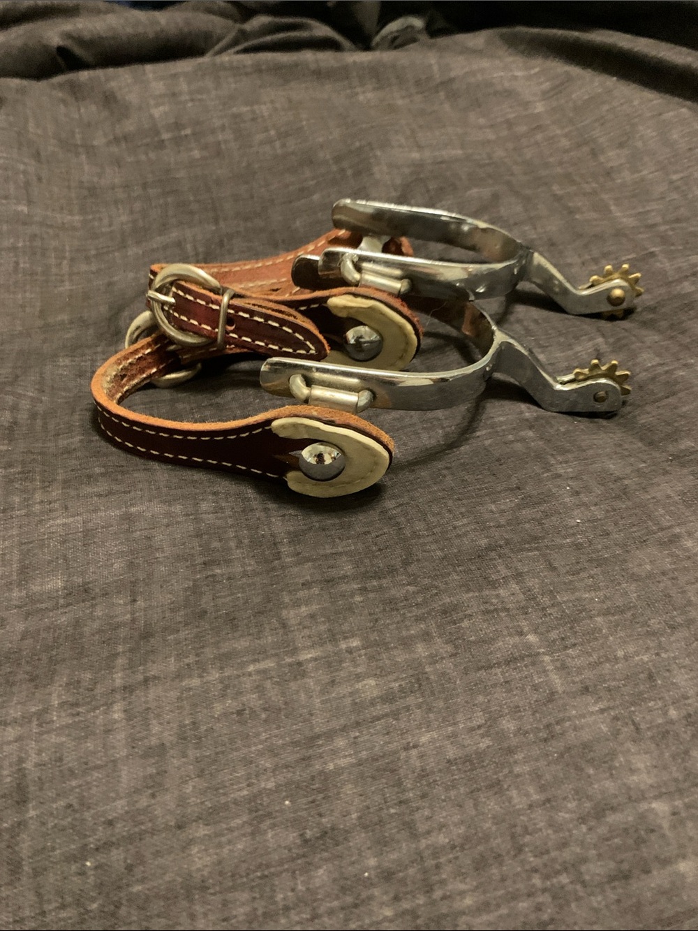 Source Unknown Brown Leather Spur Straps with Silver Metal Spurs and Gold Rowels